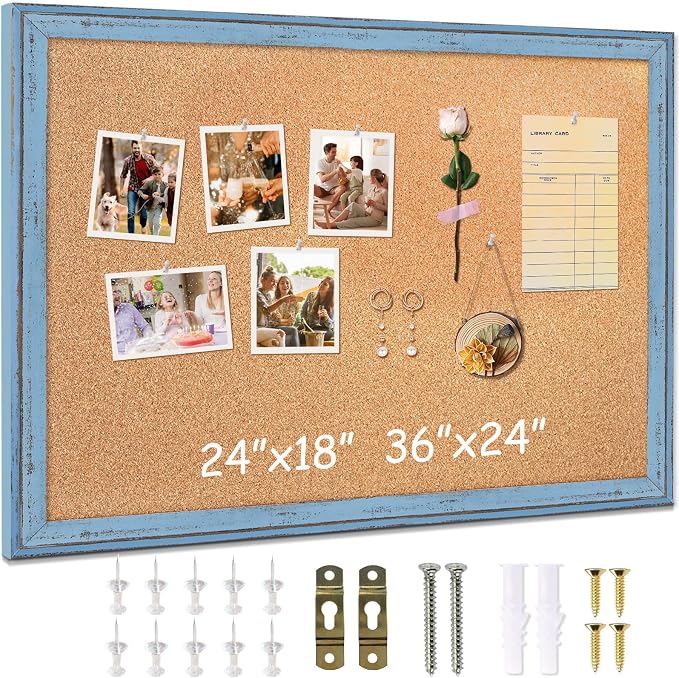 DOLLAR BOSS Cork Boards for Walls, 36 X 24 Inches Bulletin Board Decorative Hanging Pin Board Rustic Wooden Frame Vision Board Notice Board for Office Home Decor, Blue by DOLLARBOSS