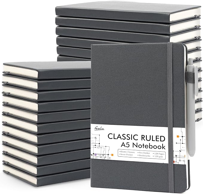 feela 24 Pack Journal Notebook for Work, Business Notebook Bulk Hardcover Lined Writing Journal with Pen Holder for Men Women Note Taking, with 24 Black Pens, 120 GSM, 5.1”x8.3”, A5, Gray by feela