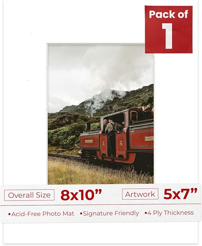 5x7 Mat for 8x10 Frame - Precut Mat Board Acid-Free Show Kit with Backing Board, and Clear Bags White 5x7 Photo Matte Made to Fit a 8x10 Picture Frame Matboard for Framing, Pack of 1 Mat by PosterPalooza