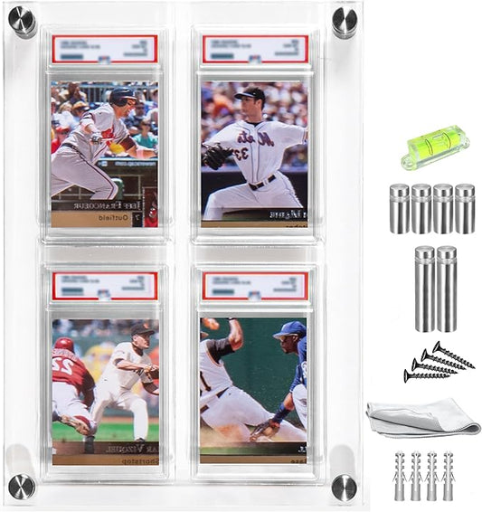 Acrylic Graded Card Display Case 2x2 - Holds 4 PSA, CGC, TAG Slabs - Wall or Tabletop Sports Card Display Frame with UV Protection - Baseball, Football, Basketball, TCG Card Showcase