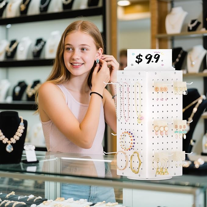 Urban Deco 360° Rotating Pegboard Display Stand with Signage, 4-Sided Spinning Peg Board Stand with 24 Hooks for Jewelry, Earring & Keychain Holder Displays for Craft Shows & Vendor Events (White) - Image 9