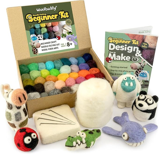 Woolbuddy Needle Felting Starter Kit –Make 6 Cute Characters(Yeti, Giraffe, Panda, Ladybug, Whale, Gator) – Complete Kit for Beginners & Adults with Wool Roving,Felting Needles,Pad & Instruction Guide