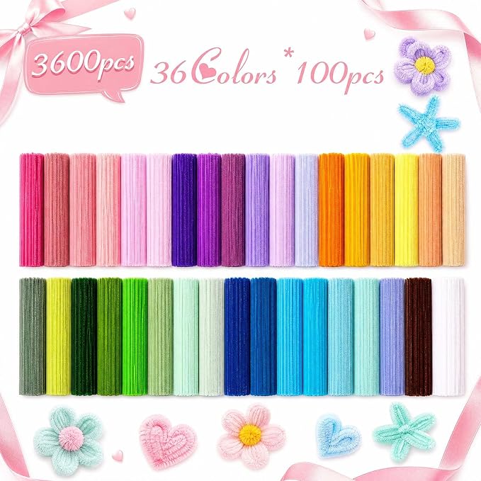 Peryiter 3600 Pcs 12 Inch Craft Pipe Cleaners Fluffy Chenille Stems Bulk with 50 Flower Stems 4 Tape and 350 Stamens for DIY Art Projects Creative Gift Wrapping Party Decorations (Macaron Color) - Image 7