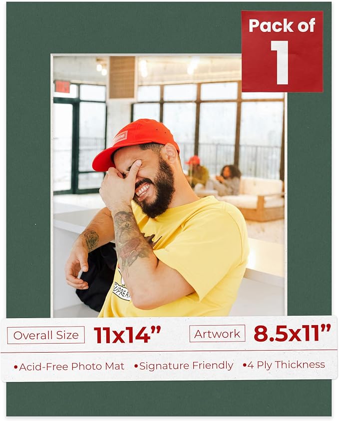 8.5x11 Mat for 11x14 Frame - Precut Mat Board Acid-Free Show Kit with Backing Board, and Clear Bags Hunter Green 8.5x11 Photo Matte For a 11x14 Picture Frame Matboard for Framing, Pack of 1 Mat by PosterPalooza