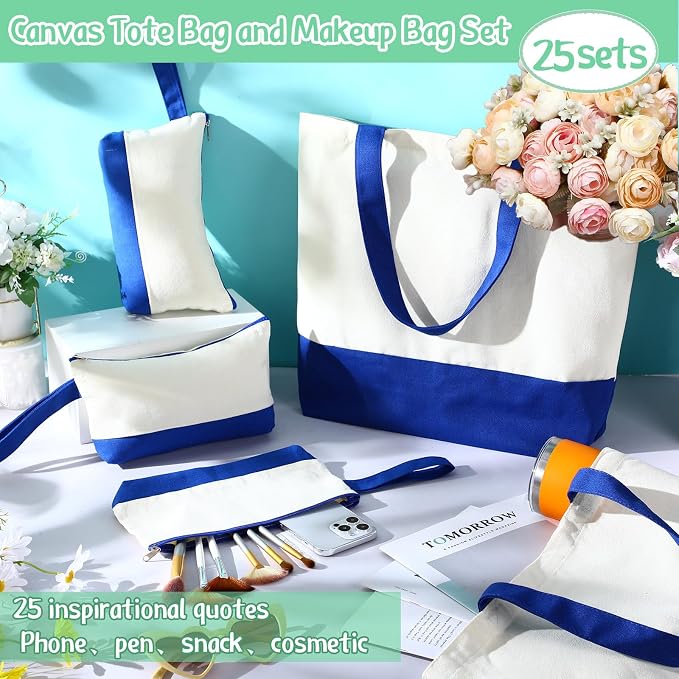 Sanwuta 16 Pcs Canvas Tote Bags Bulk with Zipper Cosmetic Pouch,Blue | 18.5" Reusable Cotton Shopping Bag with Handle for DIY Craft - Image 5
