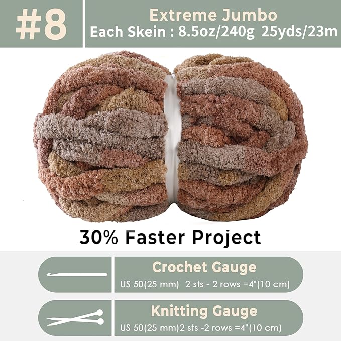 Chunky Chenille Yarn for Hand Knitting 8 Jumbo Pack Chunky Yarn for Hand Soft Blanket Knitting, Bulky Thick Fluffy Yarn for Crocheting (Pudding) - Image 2