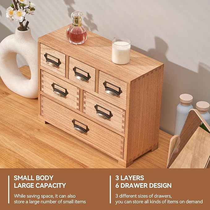 KIRIGEN Wooden Desk Organizer with 6 Drawers, Label Holders, Natural 3D6CG | Fully Assembled Solid Wood Cabinet Stores Office Supplies, Crafts, Makeup, and Small Accessories on Desks or Counters - Image 6