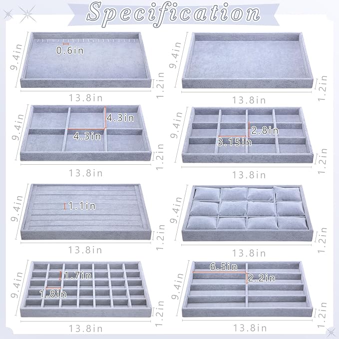 Tondiamo Set of 8 Large Stackable Jewelry Organizer Tray Set for Drawers Grey Velvet Jewelry Drawer Inserts Container Display Case Storage Display Trays for Earring Necklace Rings Bracelet Sunglasses - Image 2