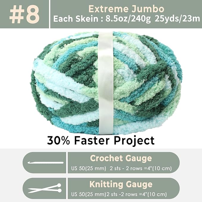 Chunky Chenille Yarn for Hand Knitting 8 Jumbo Pack Chunky Yarn for Hand Soft Blanket Knitting, Bulky Thick Fluffy Yarn for Crocheting (Sea of Clouds) - Image 2