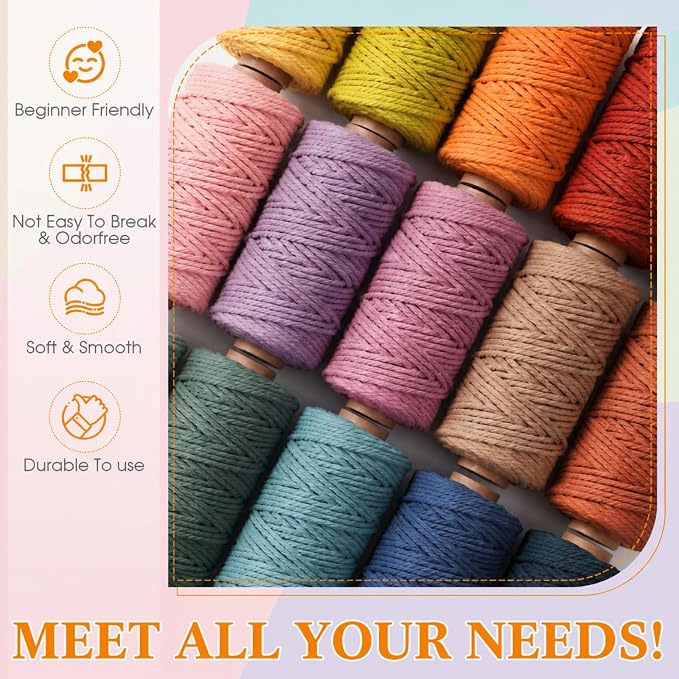 Timgle 20 Rolls Macrame Cord 5 mm x 438 Yards Cotton Rope(Macaron Colors) | Cotton Macrame Rope; 4 Strands Natural Twisted String; Colored Yarn Supplies Bulk; Wall Hanging Plant Hangers Crafts - Image 4