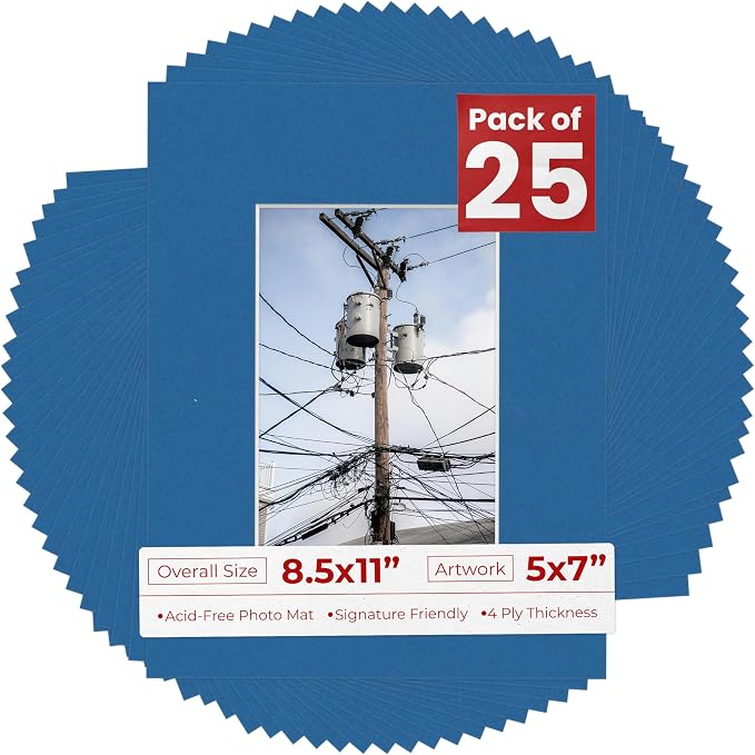 5x7 Mat for 8.5x11 Frame - Precut Mat Board Acid-Free Show Kit with Backing Board, and Clear Bags Royal Blue 5x7 Photo Matte Made to Fit a 8.5x11 Picture Frame Matboard for Framing, Pack of 25 Mats by PosterPalooza