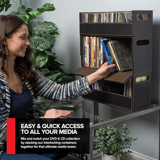 Faux Leather DVD & CD Storage Box - Movie Shelf Organizer for Blu-Ray, Video Game Cases, VHS Tape Display Stand, Disc Holder Can Store Up to 28 DVDs & 40 CDs