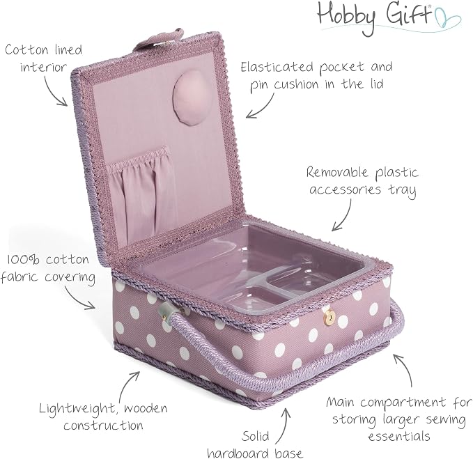 Hobby Gift Small Sewing Storage Box Craft Organiser with Handle Internal Tray Pin Cushion and Pocket for Sewing Accessories and Hobby Supplies - Image 3