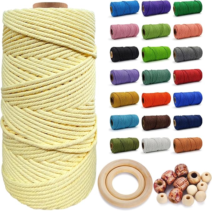 Macrame Cotton Cord 5mm x 109 Yards - Natural Handmade Colorful Macrame Rope - 4 Strand Twisted Cotton Rope for Wall Hanging Tapestry Plant Hangers Gift Wrapping DIY Craft (Light Yellow) by FocusoncottonHdviai