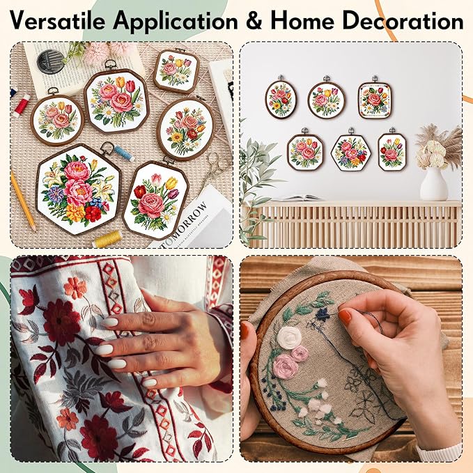 Qunclay 18 Pcs Large Embroidery Hoop Frame Decorative Imitated Wood Display Frame Circle Oval Octagonal Cross Stitch Hoop Ring for DIY Sewing Craft and Hanging Ornaments Decor (Comprehensive) - Image 6
