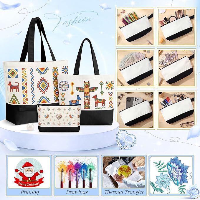 Paterr 18 Pcs Blank Canvas Tote Bags Bulk and Makeup Bag Pouches Set for Women Gift DIY Sublimation School Travel Supplies - Image 6