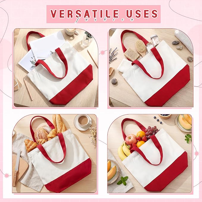 Sanwuta 12 Pcs Mini Canvas Tote Bag Small Sublimation Blank Reusable Grocery Cloth Tote for Women Craft DIY Gift Shopping (Red,Beige) - Image 6