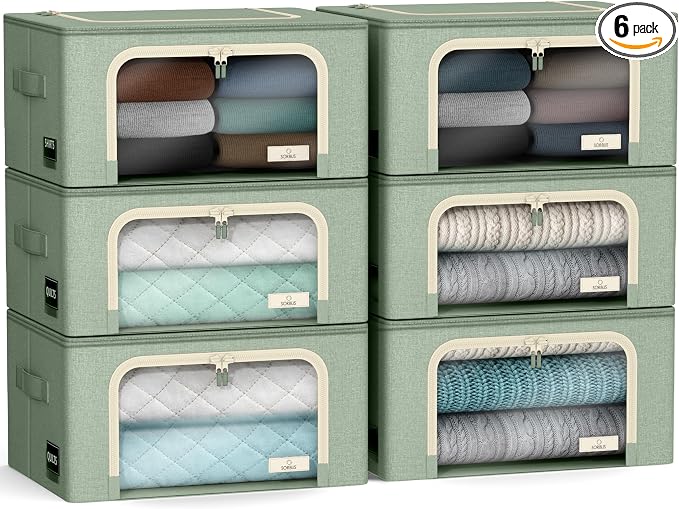 Sorbus Storage Bins with Metal Frame - Stackable & Foldable Clothes Organizer Bags - Oxford Fabric Storage Containers with Large Clear Window & Carry Handles, Bedroom Organization for Bedding & Linen by Sorbus