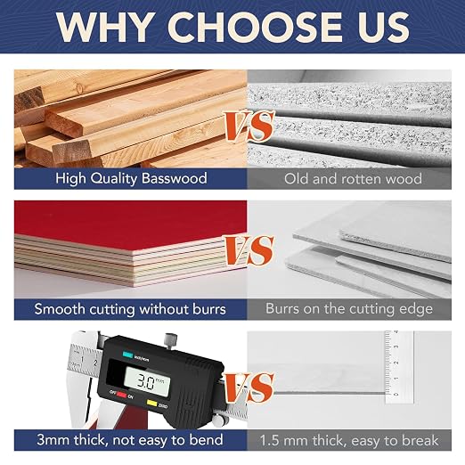 Rowood Colored Plywood Sheets for Laser Cutting,12x16x1/8inch,7 Pack 3mm Thin Unfinished Wood Crafts for Laser Engraving and DIY Ornaments and Architectural Model-Red/Orange/Yellow/Blue-WB125 - Image 3