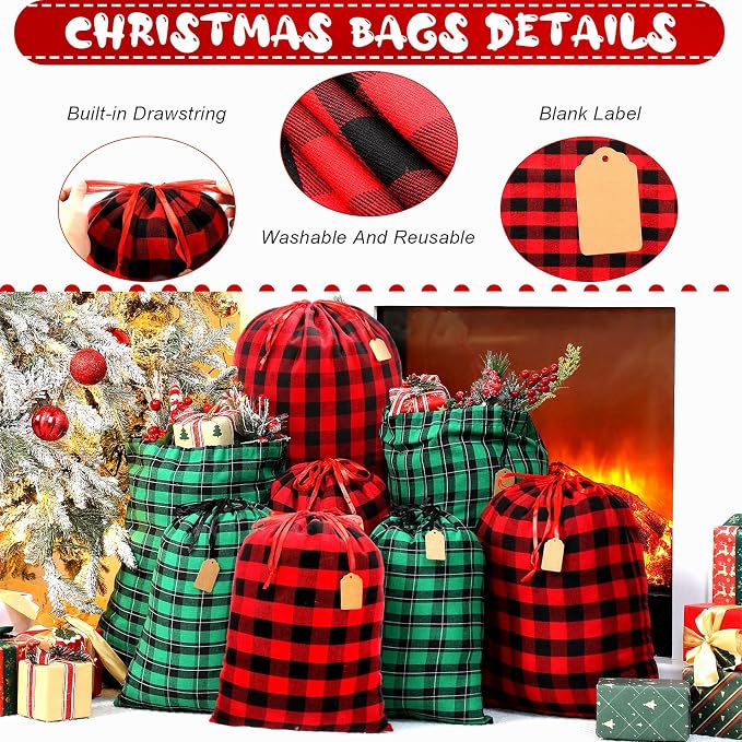 SilTriangle 20 Pcs Buffalo Plaid Christmas Drawstrings Gift Bags Reusable Fabric Christmas Bags Holiday Cotton Bag with Tag Assorted Sizes Holiday Present Bag for Gift Wrapping Storage - Image 4