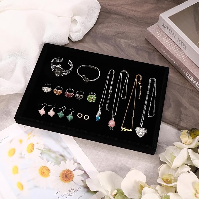 4 Pcs 13.8"x9.5" Velvet Jewelry Tray Jewelry Display Tray Stackable Plate | Jewelry Organizer Trays for Earrings Necklaces Bracelet Rings Display Showcase - Black - Image 6