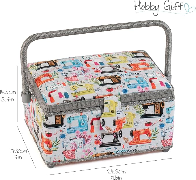 Hobby Gift Medium Sewing Box Organiser, Fabric Covered Storage Box with Handle, Internal Tray, Pin Cushion and Pocket for Sewing, Quilting and Knitting Supplies - Image 6