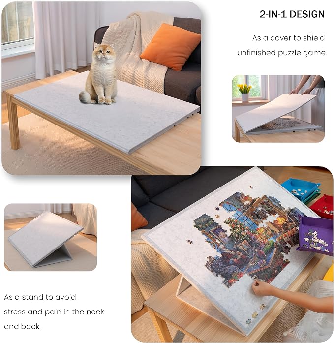 Lavievert 1500 Piece Tilting Puzzle Board with 6 Sorting Trays - Light Gray | 2-in-1 Designed Stand & Cover, 3 Adjustable Tilt Angles, Lightweight & Portable, Felt Mat Plateau Jigsaw Table for Adults - Image 3