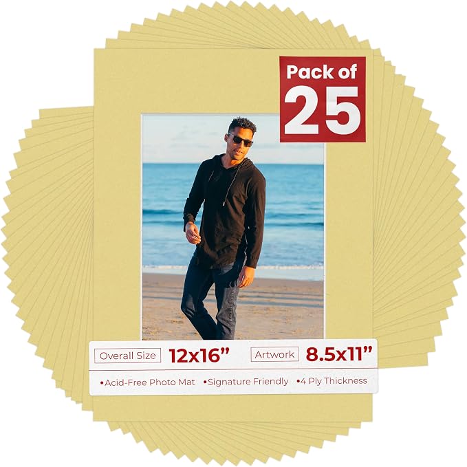 8.5x11 Mat for 12x16 Frame - Precut Mat Board Acid-Free Soft Yellow 8.5x11 Photo Matte For a 12x16 Picture Frame, Premium Matboard for Family Photos, Show Kits, Art, Picture Framing, Pack of 25 Mats by PosterPalooza