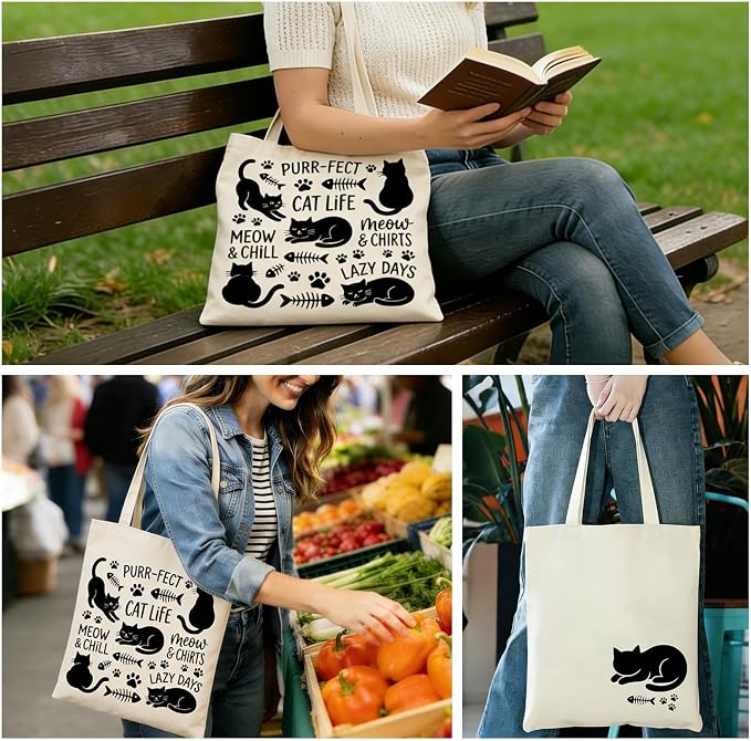 Printed Canvas Tote Bag Zipper Pocket & Magnetic Snap, Cat B | Versatile Hand Shoulder Carry, 15x16 Inch Large Large Capacity, for Work, Travel, Shopping - Image 2