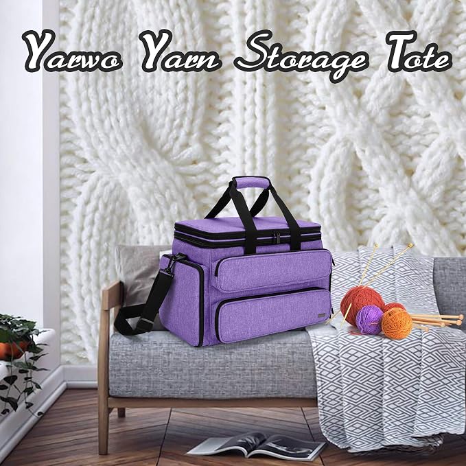 Yarwo Large Crochet Bag Knitting Tote, Yarn Storage Bag with Shoulder Strap | Organizer for Knitting Needles & Crochet Hook(Up to 14”), Clear Top Lid, Unfinished Project Compartment, 4 Yarn Holes, Purple - Image 9
