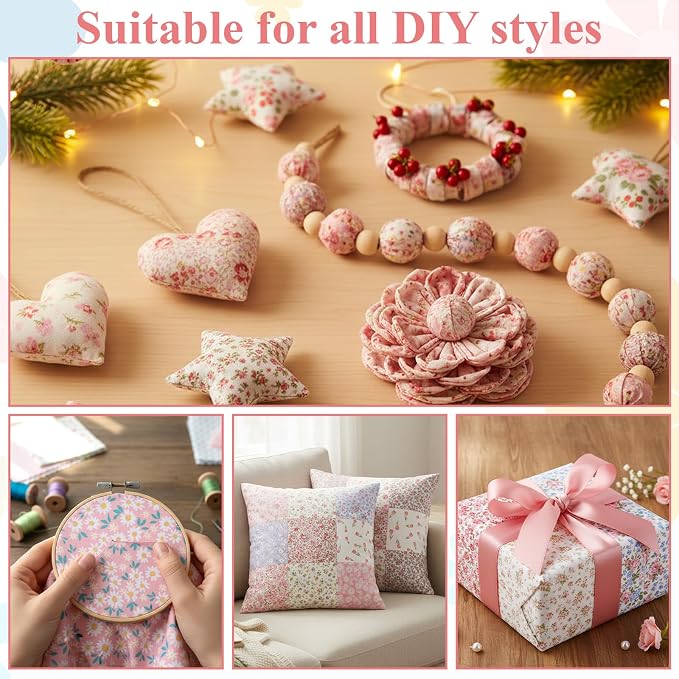 48 Pcs 10 x 10 Inches Pink Floral Cotton Fabric Bundles, Precut Pink Retro Floral Fabric Squares, Spring Quilting Patchwork, Flower Leaves Sewing Fabrics, Assorted Pattern Cloth for DIY Craft Handmade - Image 5