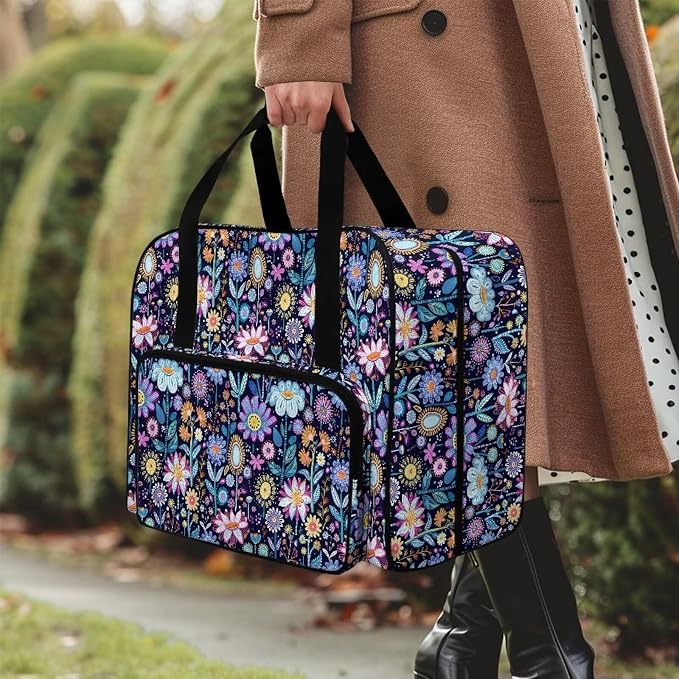 Sewing Machine Case Portable Sewing Machine Carrying Bag Large Capacity Storage Bag Universal Sewing Machine Organizer Bag, Hippie Flower Lotus Blue - Image 3