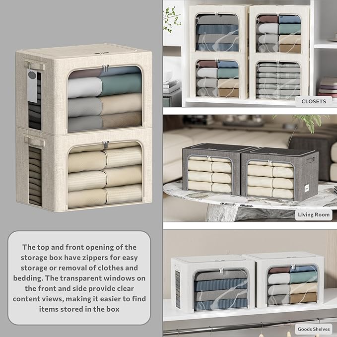 4 Pack Clothes Storage Bins with Metal Frame - 22L Stackable Storage Box with Lid，Foldable Storage Container Organizer for Clothes，Linen Fabric Storage Box with Clear Window＆Zippers＆Handles - Image 2