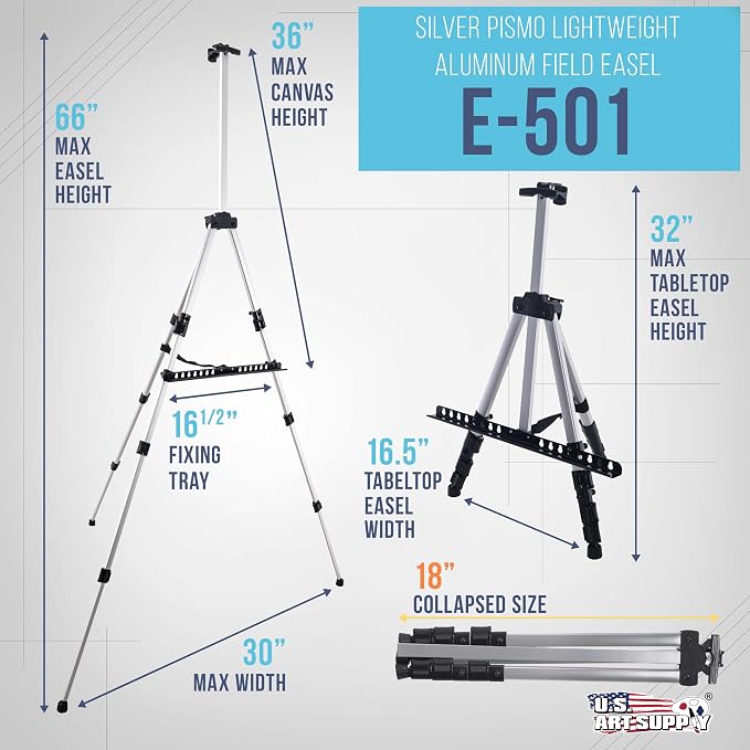 U.S. Art Supply 66" Silver Metal Tripod Easel Display - Adjustable 18"- 5.5', Holds 36" Canvas - Floor/Tabletop Easel Stand, for Sign Display, Painting, Poster Board, Canvas - Portable Bag - Image 2