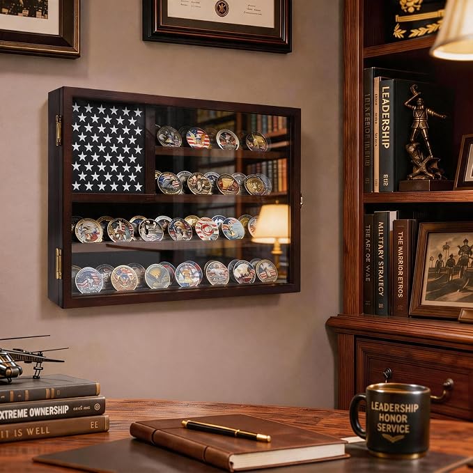 Walnut Colored Wooden America Flag Military Challenge Coin Display Case Holder，Challenge Coin Holder Display Case,15x11 Removable Star Board Hd Tempered Glass Door（Not Acrylic,Wall Mount. - Image 3