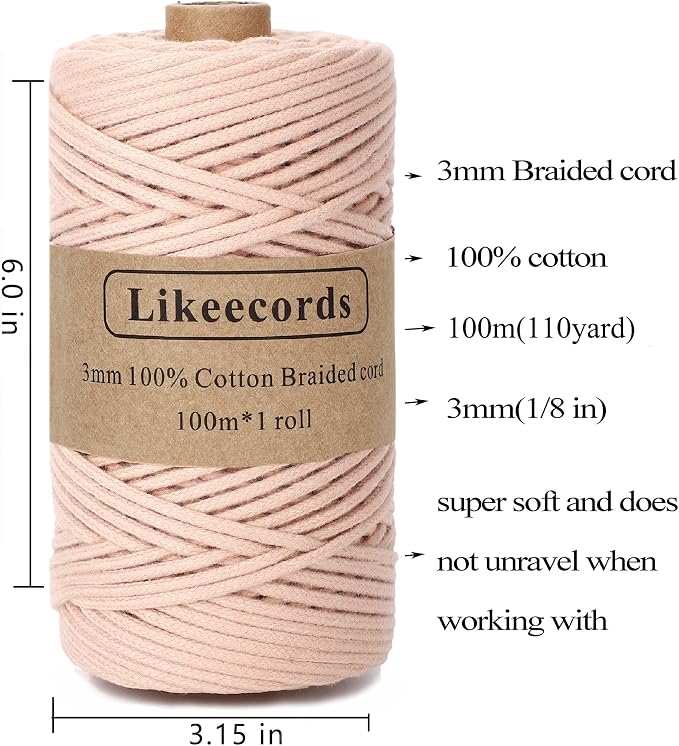 Braided Cotton Cord 3mm×109 Yards Natural Macrame Cotton Cord Bohemia Macrame Rope for Handmade Plant Hangers Wall (Lotus Pink) - Image 2