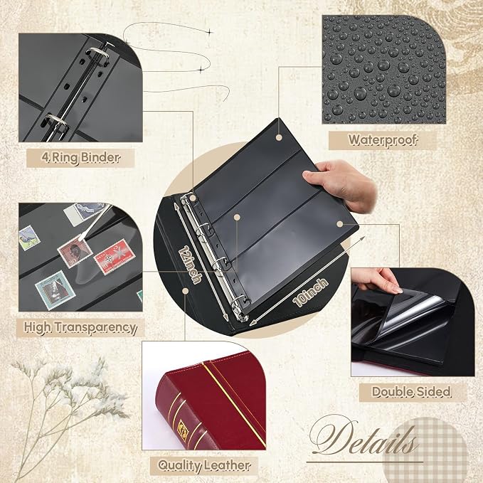 Stamp Collecting Album Binder Kit for Collectors, 1/2/3/4 Rows Banknotes Storage Book with 20 Stamp Pages, 4 Ring Binder, Tweezers and Magnifier, for Paper Money Bill Postage, Beginner Hobbyists Gift - Image 3