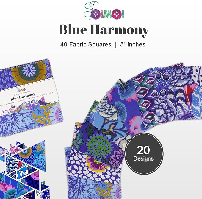 Soimoi 40 Pcs Cotton Fabric Squares Bundles Charm Packs for Quilting, Fat Quarter Layer Cakes, Precuts Quilt Squares 5 x 5 inches, DIY Fabric Bundle - Blue Harmony - Image 6
