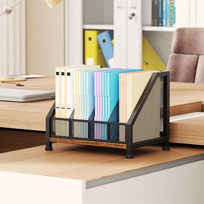SWTYMIKI Desk Organizer - Paper Organizer, Mesh and Wood Desk Office Organizer, Office Organization and Binder Storage for Workspace, Home, School, Espresso - Image 4