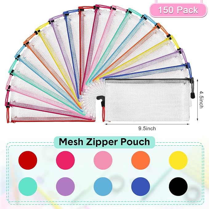 Harloon 150 Pack Clear Pencil Pouches Bulk, 9.5'' x 4.5'',10 Colors | PVC Mesh and Zippers Keep Pencils, Markers, Cosmetics and Toiletries Organized for Back to School, Office and Travel Use - Image 3