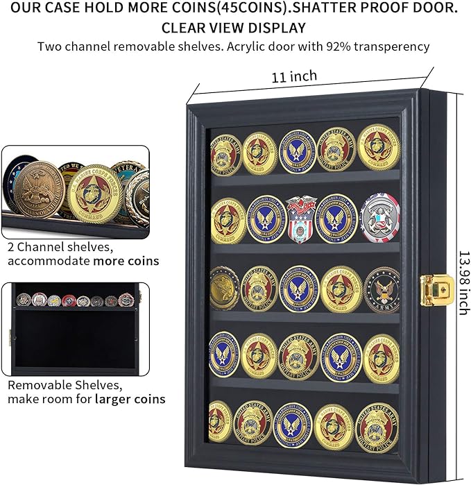 Military Challenge Coin Display Case Lockable Cabinet Rack Holder Shadow Box with Removable 2 Grooves Shelves and Anti Dust Door for Casino Poker Chips Collectibles, Small - Black - Image 3