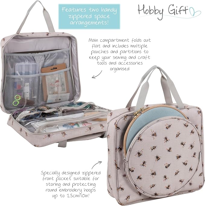 Hobby Gift Craft Bag with Embroidery Hoop Storage - Sewing and Embroidery Project Bag with Zipper Compartments, Storage for Hoops, Threads and Accessories - Image 3