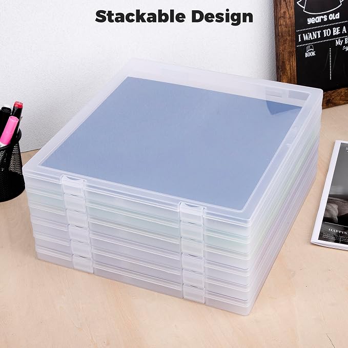 CraftGenes 12x12 Scrapbook Paper Storage, 6 Pack Stackable Containers | Clear PP; 13.58 x 12.4 x 1.1 in; Integrated U-Latch; Fits Cardstock, Vinyl Sheets, Stickers and Die Cuts - Image 6