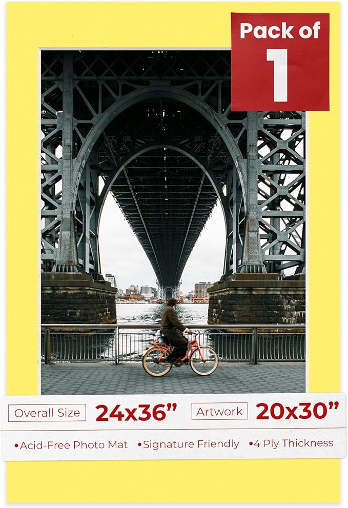 20x30 Mat for 24x36 Frame - Precut Mat Board Acid-Free Yellow 20x30 Photo Matte Made to Fit a 24x36 Picture Frame, Premium Matboard for Family Photos, Show Kits, Art, Picture Framing, Pack of 1 Mat by PosterPalooza