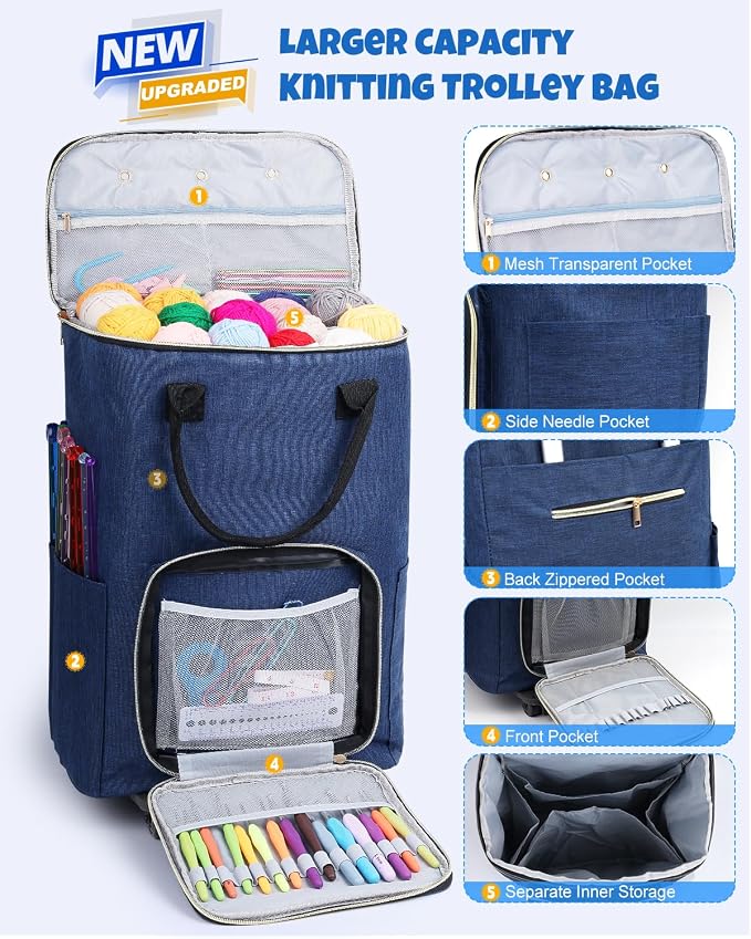 Coopay Portable Crochet Bag, Extra Large Yarn Storage for Crochet Accessories and Supplies, Yarn Bags with Wheels and Telescoping Handle, Durable Knitting Bag for Craft Enthusiasts - Image 4
