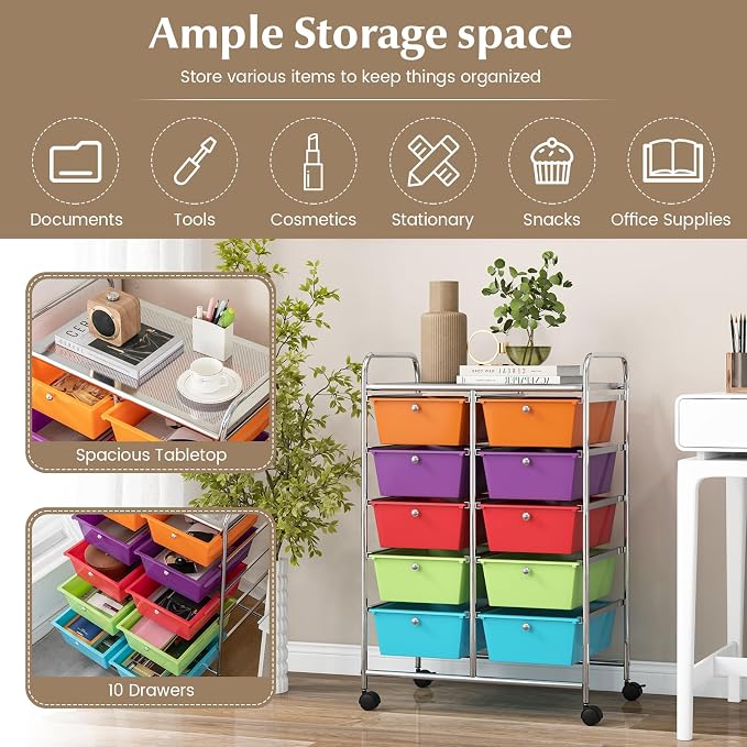 RELAX4LIFE Rolling Storage Cart with 10 Drawers - Craft Storage Cart with Lockable Wheels,Utility Cart, Art Cart Organizer for Crafting Storage, Studio, Office, Home, School Rolling Drawer Cart - Image 6