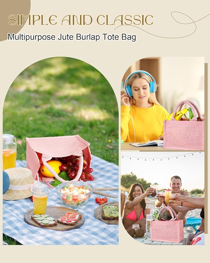 12 Pcs Burlap Tote Bag Mini Jute Reusable Bag with Handles Small Blank Canvas Gift Waterproof for Wedding Beach DIY - Image 4