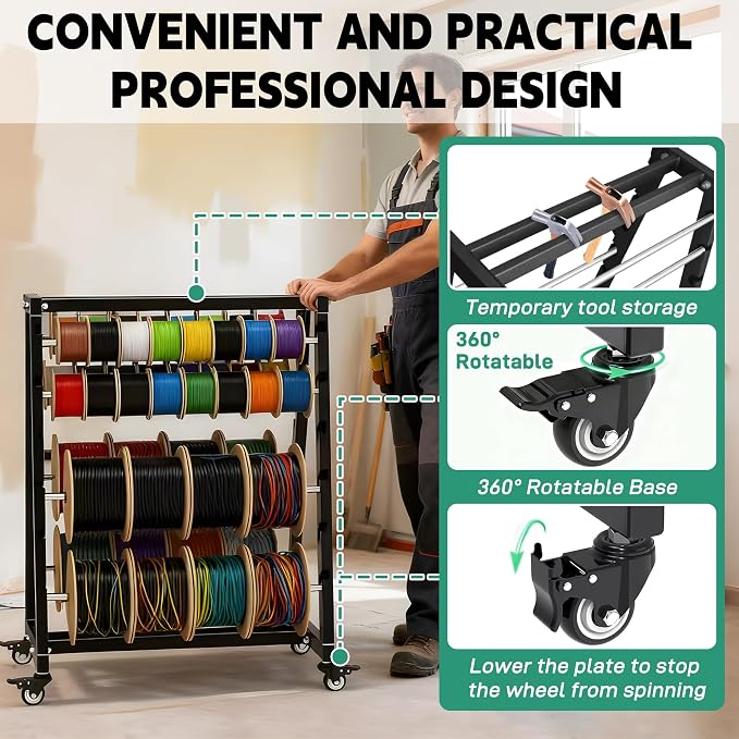 Wire Spool Rack, Adjustable Cable Organizer, 8-Rod Cord Reels | With Locking Wheels for Electrical Industrial Warehouse Reel Storage 400 lbs Capacity Wire Spool Holder up to 12 Spools Rods - Image 5