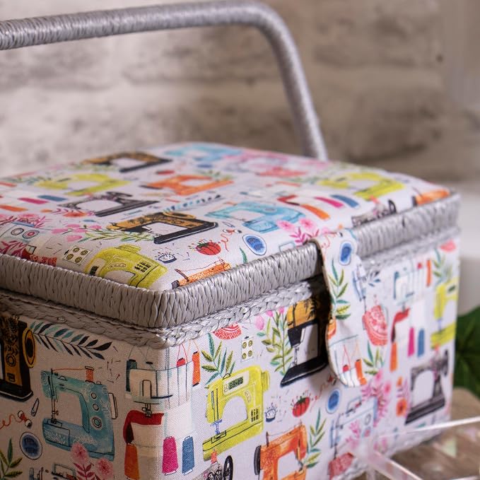 Hobby Gift Medium Sewing Box Organiser, Fabric Covered Storage Box with Handle, Internal Tray, Pin Cushion and Pocket for Sewing, Quilting and Knitting Supplies - Image 10
