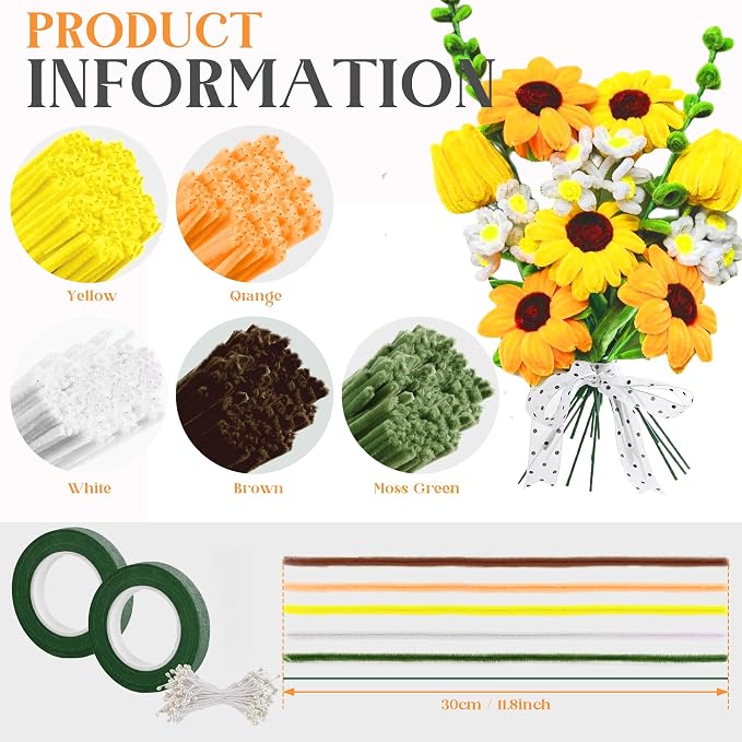 400 Pieces Chenille Stems Pipe Cleaners Craft Kit - Durable Yellow Pipe Cleaners for Crafts & Flowers, Complete DIY Pipe Cleaner Flower Kit for Kids, Ideal for School Projects & Gifts (Sunflower) - Image 2
